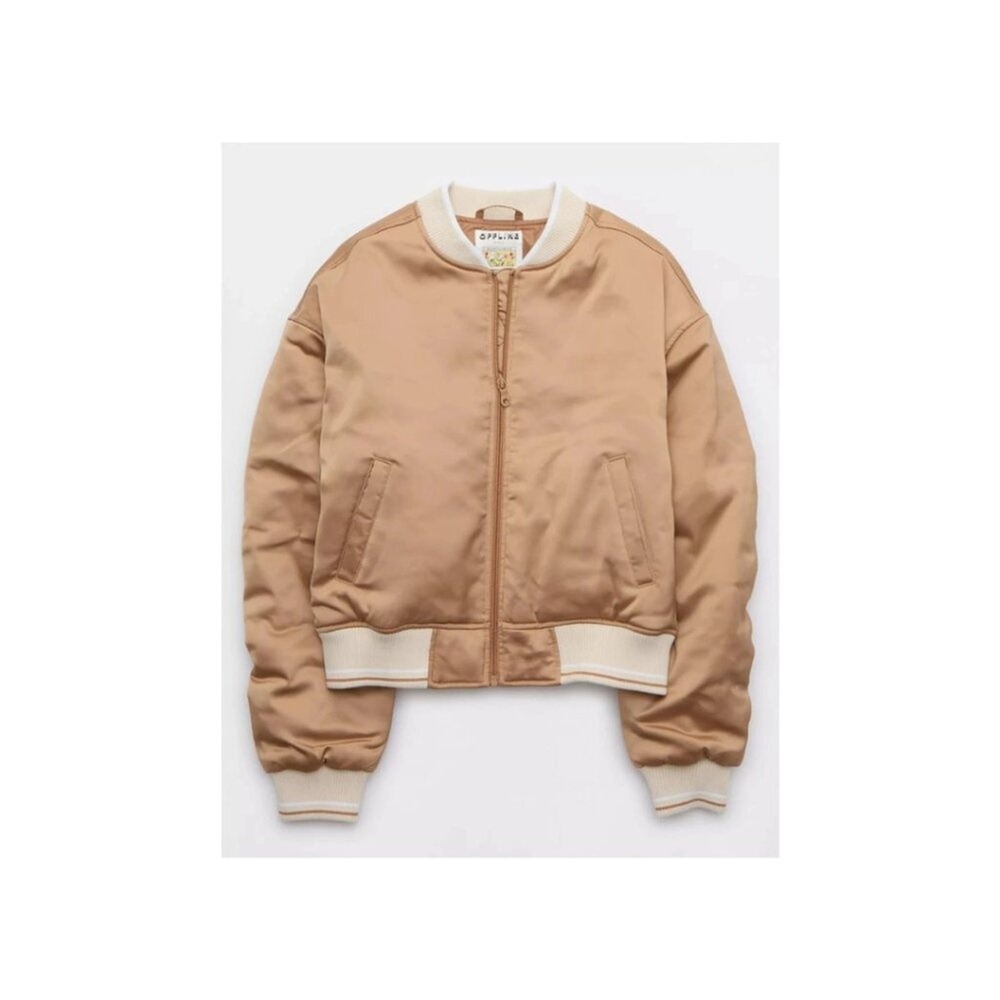 NWT OFFLINE By Aerie Satin Bomber Jacket Brown Women's L Cropped